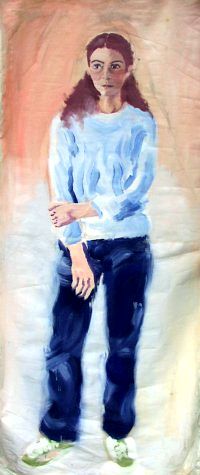 „Junge Frau“, Dispersionsfarbe auf unaufgespanntem Nessel, 180 × 80 cm, 1980